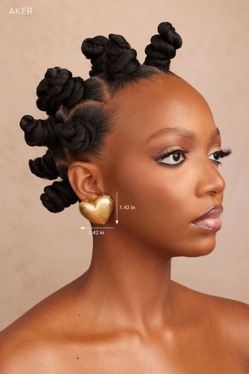 AKER gold earring heart shaped side view with measurement